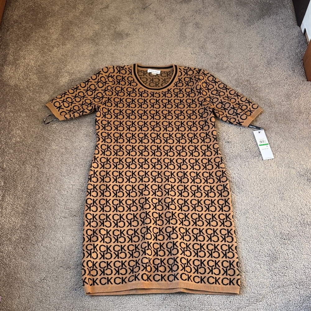Calvin Klein CK Logo Knit Dress Brown Black Monogram Short Sleeve SIZE LP